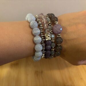 Handmade Chalcedony Amethyst Agate Gemstone Bracelet Stack Set of 5 NWT